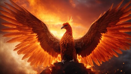 A majestic Phoenix with unfolded golden wings, rising from blazing ashes and fire.