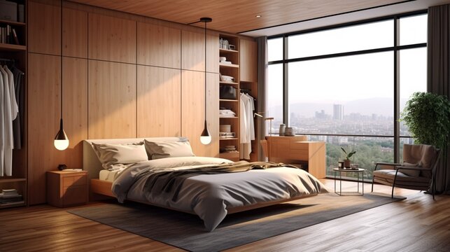 Light bedroom with wooden wardrobe.Generative AI