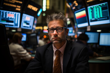white businessman working in financial world stock market with disappointed and saddened expression due to taxes and recession