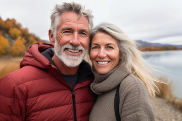 Portrait of a happy senior couple standing by the lake in autumn