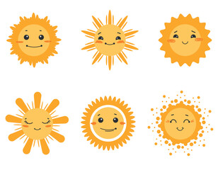 Set of cute sun with emotions. vector children's illustration. Sun icons.