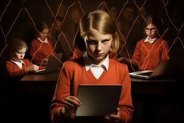 Safe Internet Day. The girl behind the laptop screen is watching banned sites