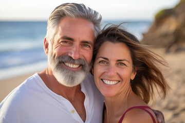 Fototapeta premium Portrait of a happy mature couple on the beach at the day time