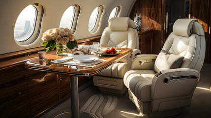 Opulent Business Jet Interior: Luxurious Salon in Elegant Light Tones with Genuine Leather Upholstery