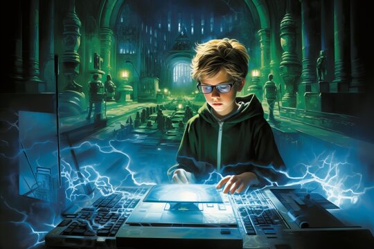 Safe Internet Day. A boy immersed in Internet games. Depending on the games. escape from reality