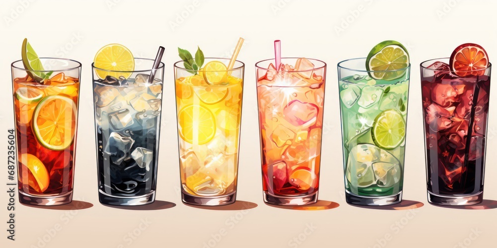 Aufkleber row of colorful glasses filled with various types of drinks generative ai
