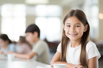 Obraz premium A happy, cute girl in a classroom, smiling, studying, and sharing a moment of joy.