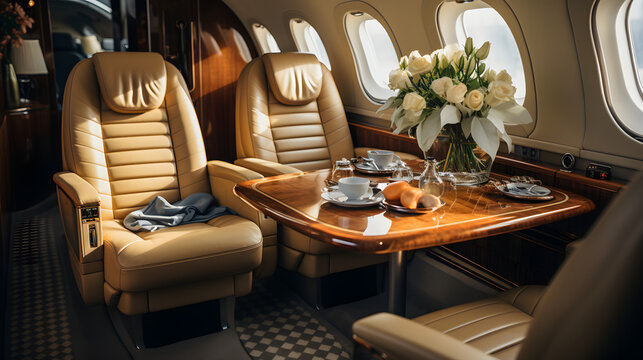 Opulent Business Jet Interior: Luxurious Salon in Elegant Light Tones with Genuine Leather Upholstery