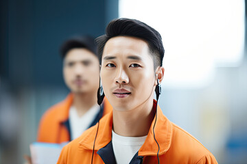 A confident Asian worker in a modern office, wearing a uniform and headphones, standing and working.