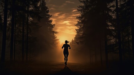 A woman jogging along a path in the park at sunrise