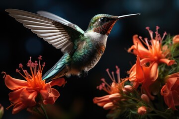A vibrant and delicate rufous hummingbird gracefully flits among colorful flowers, its iridescent feathers shimmering in the warm sunlight