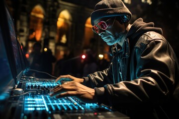 A stylish audio engineer donning a sleek black jacket and beanie, complete with sunglasses and a mixing console, prepares to spin tunes indoors as a disc jockey