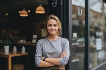 Plakat Portrait of a female small business owner standing in front of her establishment