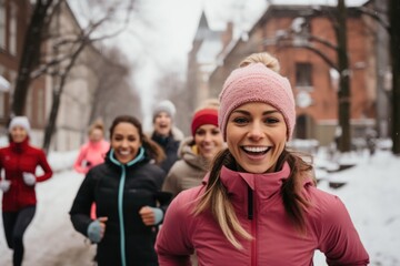 Group portrait of young women running outside in the snow