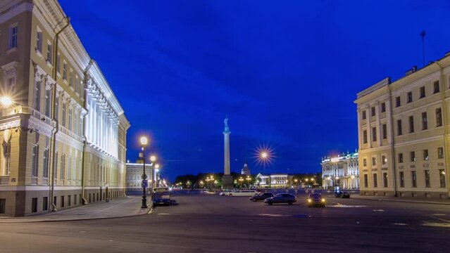Night Timelapse Hyperlapse of Palace Square and Alexander Column in St. Petersburg, Russia. Spectacular View from Moyka River Waterfront