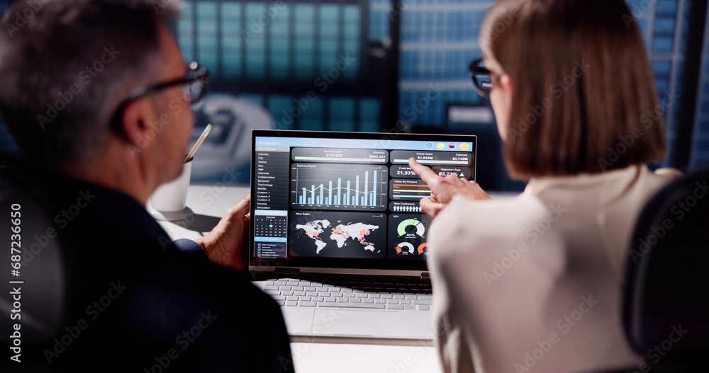 Poster analyzing kpis and report with laptop's graphs