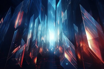 Angular shards of crystalline structures refracting vibrant beams of light, reminiscent of a futuristic skyline.