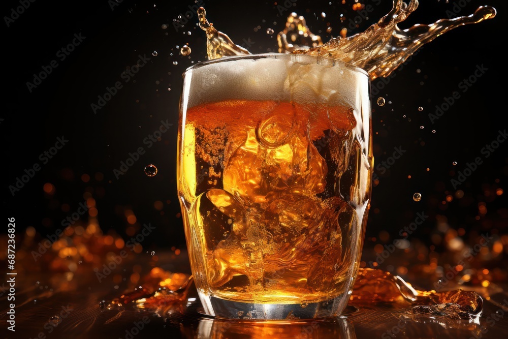 Poster refreshing glass of beer with ice and water splashing out generative ai