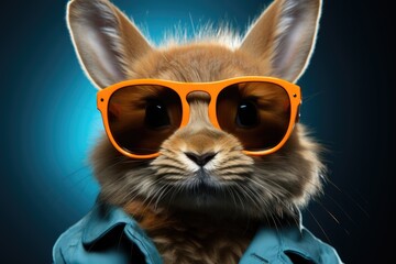Naklejka premium A cool rabbit with fur as blue as the sky, wearing stylish sunglasses over its big round eyes, looking just as chic as a cat with goggles