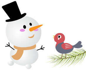 Christmas story time. Snowman and bird on a Christmas tree branch. Christmas and New Year vector composition.