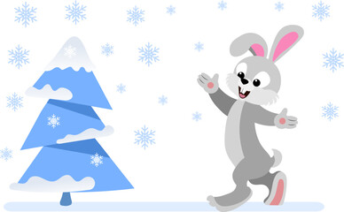 Winter is coming. Hare and Christmas tree. Christmas and New Year vector composition.