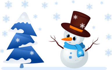 Winter is coming. Christmas tree with snowflakes and snowman. Christmas and New Year vector composition.
