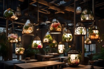 stones and flowers hang among the lamps from the ceiling.