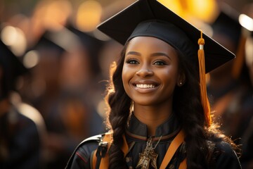 Beaming with pride, a scholarly woman dons her graduation attire and mortarboard to celebrate her hard-earned college diploma at an outdoor commencement ceremony - obrazy, fototapety, plakaty