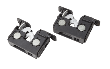 Detail of a car spare part made of metal - the hood lock separately isolated on a white background. Repair in a car workshop, equipment for sale.