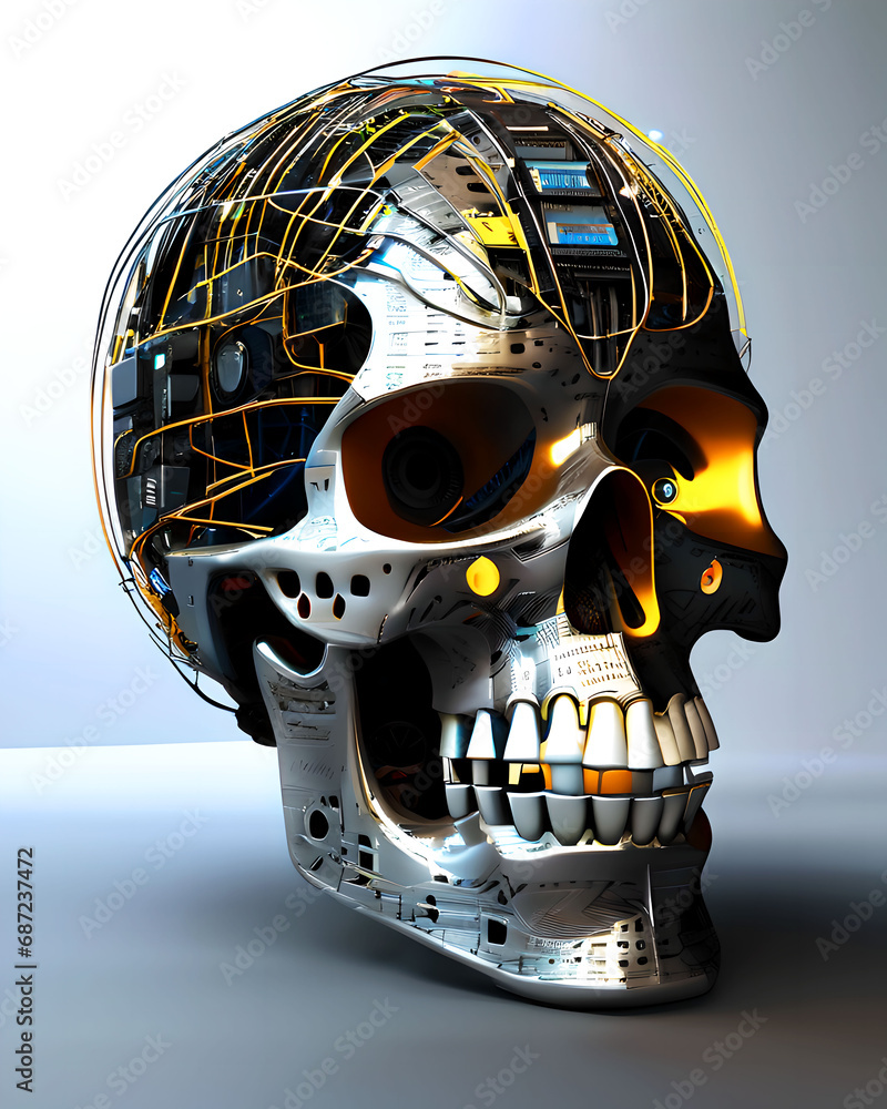 Poster 3d rendering of a human skull with a digital circuit board.