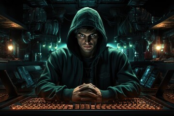 A mysterious figure hunched over a keyboard, their face illuminated by the glow of a pc game, creating a digital world of action and adventure through the art of 3d modeling and compositing their hoo