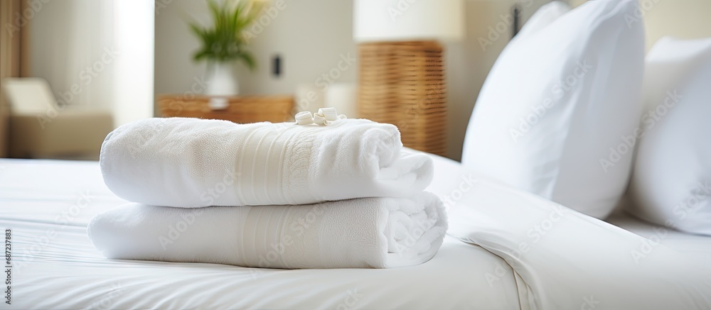 Poster Tidy hotel room Welcome card fresh towels bedding Hospitality Guest White pillow towel Copy space image Place for adding text or design