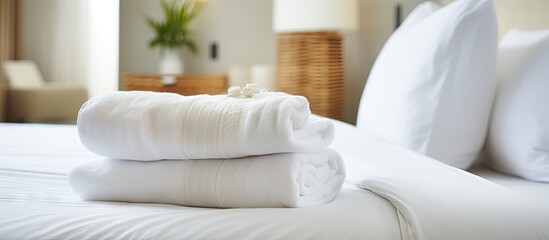 Tidy hotel room Welcome card fresh towels bedding Hospitality Guest White pillow towel Copy space image Place for adding text or design