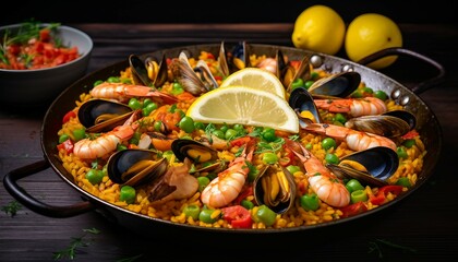 Seafood paella with bell peppers and peas with lemon slices , Seafood paella with shrimps, mussels, squids and tomatoes