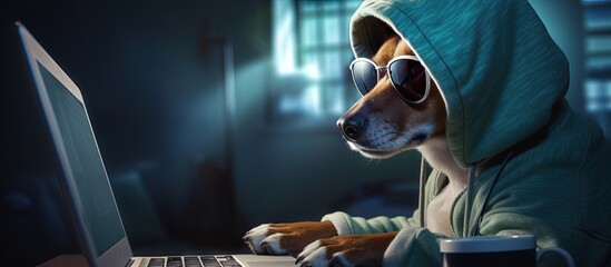 Smart dog working on an online project using a computer and wearing glasses and a hoodie Freelancer working from home during quarantine Busy and intelligent Copy space image Place for adding te - obrazy, fototapety, plakaty