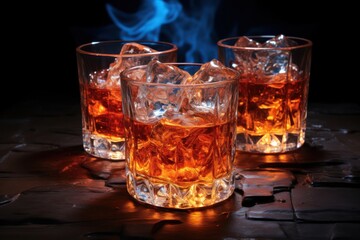 Three Glasses Filled With Ice Arranged on Table With Alcoholic Drink Generative AI
