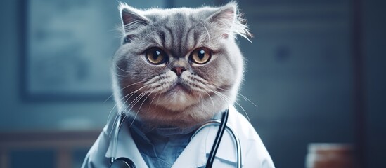 Scottish Fold cat wearing medical accessories looking at empty space Veterinary cat banner Pet health web design Veterinary clinic pet medicine concept Copy space image Place for adding text or - obrazy, fototapety, plakaty