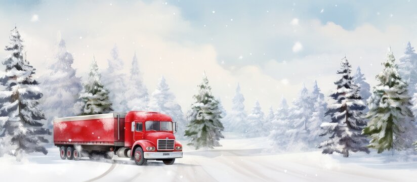 Winter scene with a festive truck carrying acrylic painted Christmas trees in the snow Copy space image Place for adding text or design