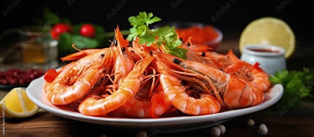 Poster Shrimp vegetables and spicy chili sauce make a delicious seafood salad with citrus Copy space image Place for adding text or design