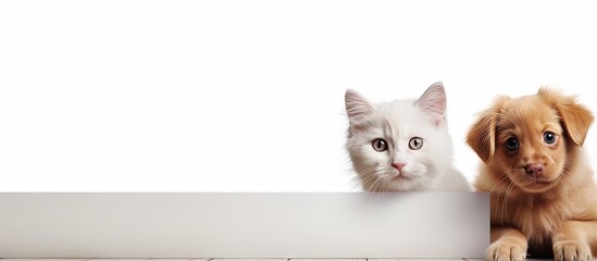 Store signboard template with cat and dog on white background Copy space image Place for adding text or design
