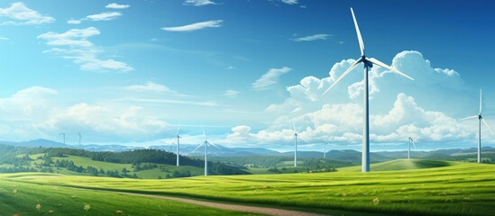 Wind power relies on air flow moving through turbines to generate electricity Copy space image Place for adding text or design