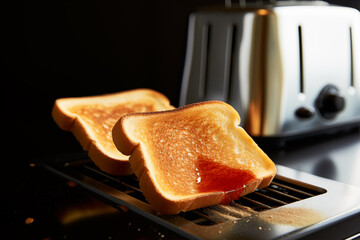 Breakfast time. Bread toast in the toaster. Making toast in the toaster oven for breakfast with your morning coffee. Crispy bread slices from toaster. Preparing a fried loaf. - obrazy, fototapety, plakaty