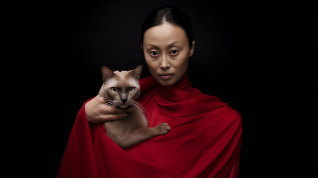 Femme birmane tenant contre elle un chat de race birman (burmese cat)
