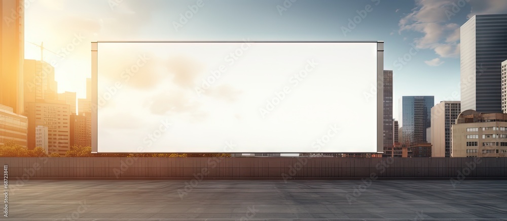 Fototapete Sunny 3D rendering of a mock up white billboard on a modern skyscraper at sunset Copy space image Place for adding text or design