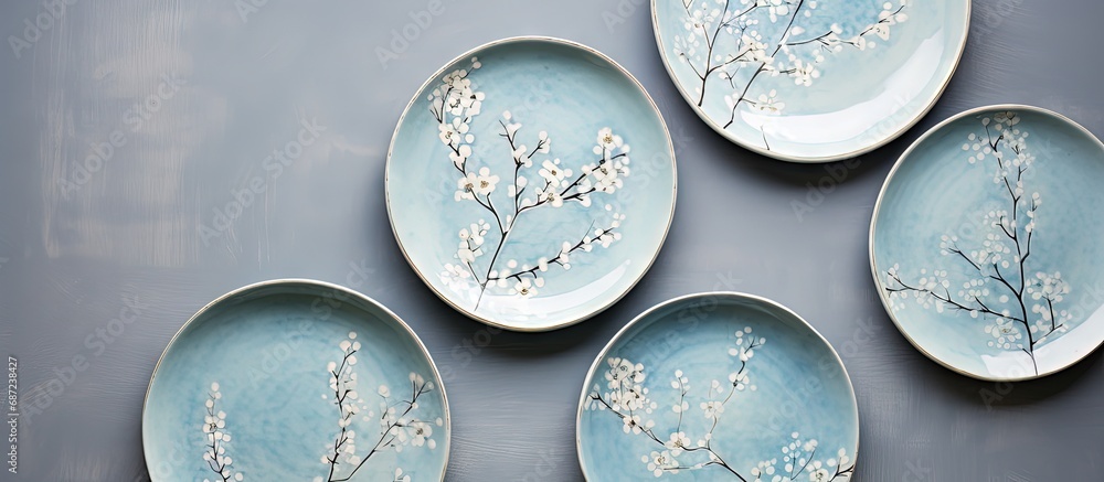 Poster spring branches decorate handmade ceramic plates close up of blue vintage dishes on grey background 