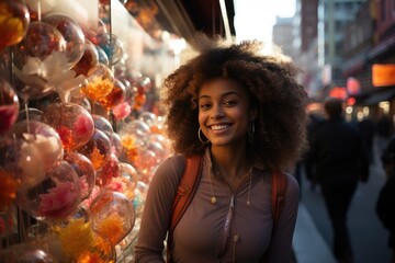 A radiant woman stands confidently in the bustling street market, her warm smile inviting passersby to join in on the vibrant energy of the outdoor scene