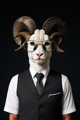 a goat wearing a suit and tie with glasses