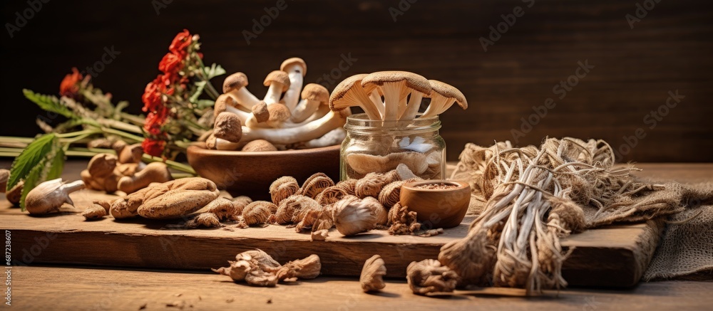 Poster Wooden table with Red Ginseng and dried mushrooms vignette Copy space image Place for adding text or design