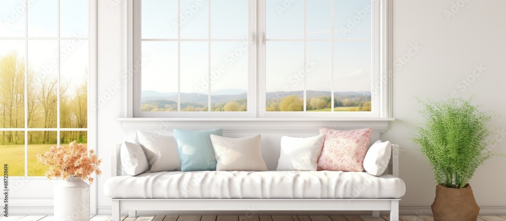 Poster scandinavian inspired 3d illustration of a white living room with a sofa and a summer landscape seen