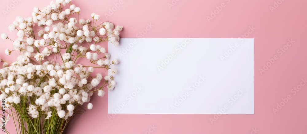 Aufkleber wedding arrangement with white paper list gypsophila flowers and colored table greeting cards and en